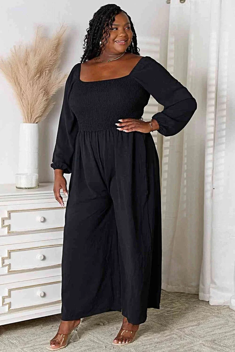 Chique Double Take jumpsuit met vierkante hals en zakken – geplooide details, ondoorzichtig, 100% polyester