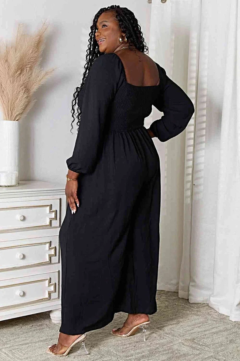 Chique Double Take jumpsuit met vierkante hals en zakken – geplooide details, ondoorzichtig, 100% polyester