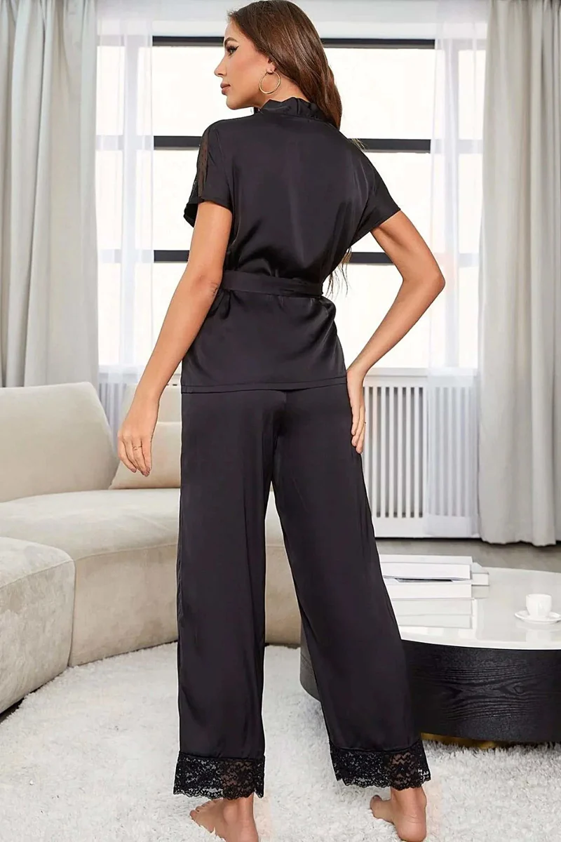 Pyjamaset met overslagkraag - elegante casual top en broek van 2 delen met kanten strikken