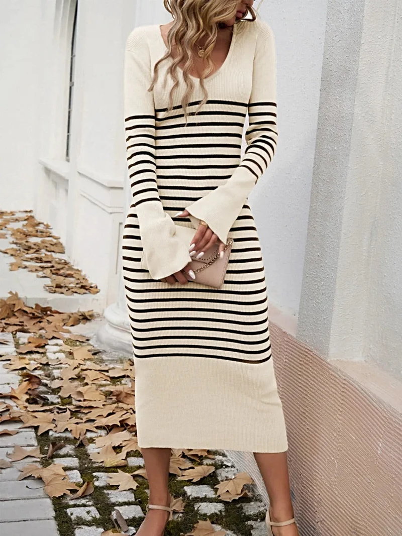 S-XL • US 4-14 • Gestreepte V-hals trui-jurk • Lange mouwen • Matige stretch
