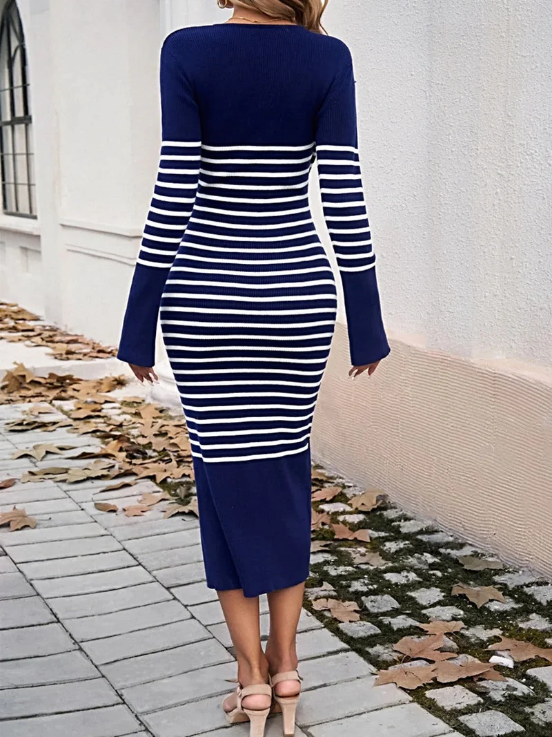 S-XL • US 4-14 • Gestreepte V-hals trui-jurk • Lange mouwen • Matige stretch
