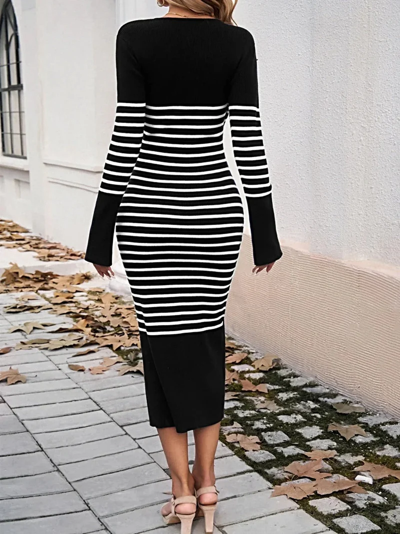 S-XL • US 4-14 • Gestreepte V-hals trui-jurk • Lange mouwen • Matige stretch