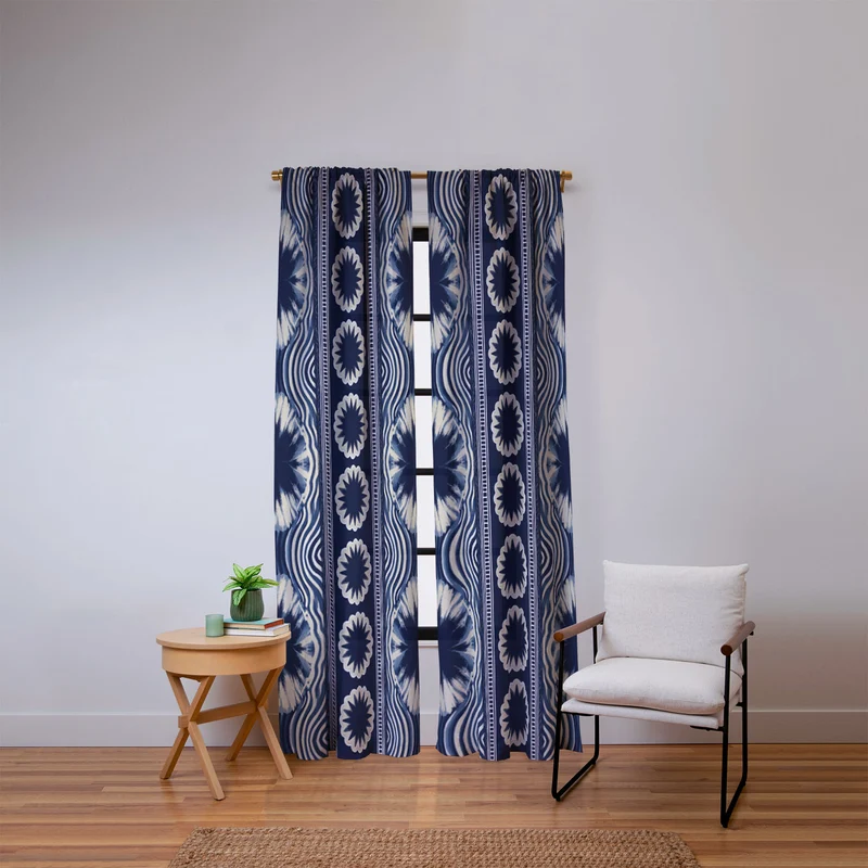 Indigo Shibori Boho Abstract Stripe Window Curtain
