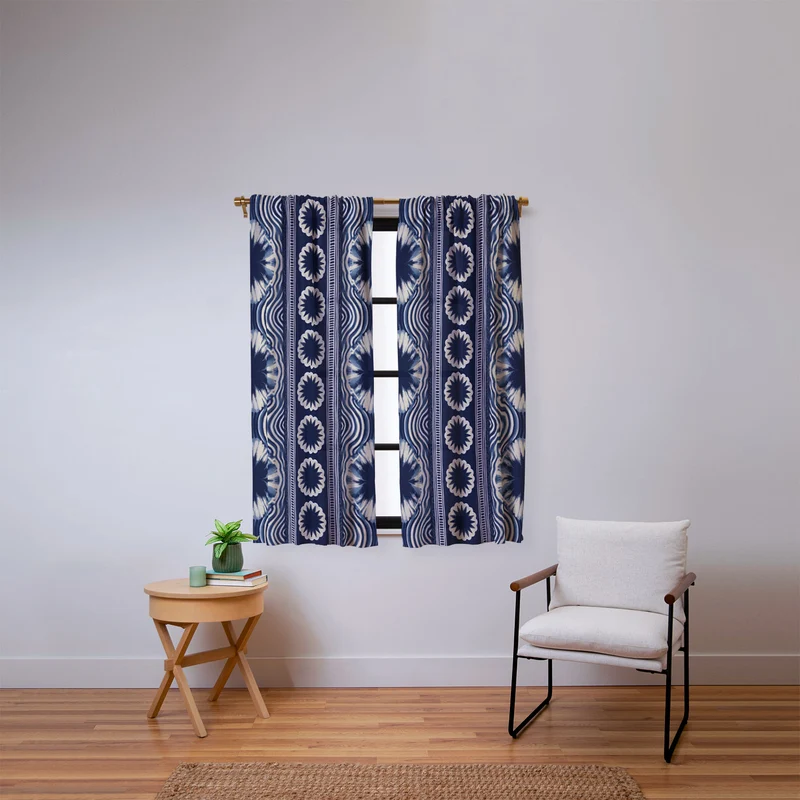 Indigo Shibori Boho Abstract Stripe Window Curtain