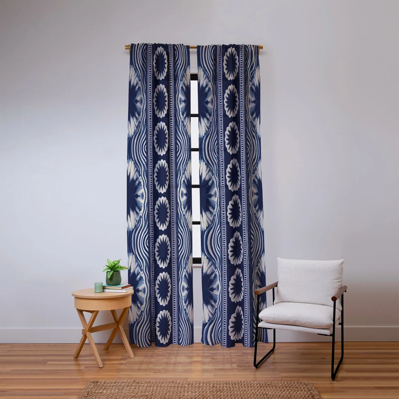 Indigo Shibori Boho Abstract Stripe Window Curtain