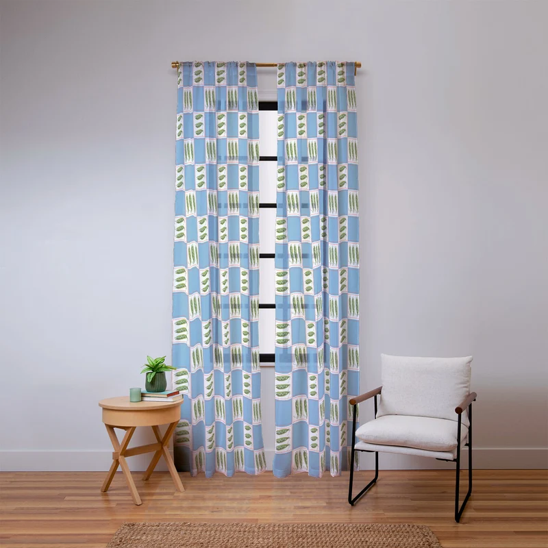 Green Pea Pods Retro Tile Pattern Window Curtain