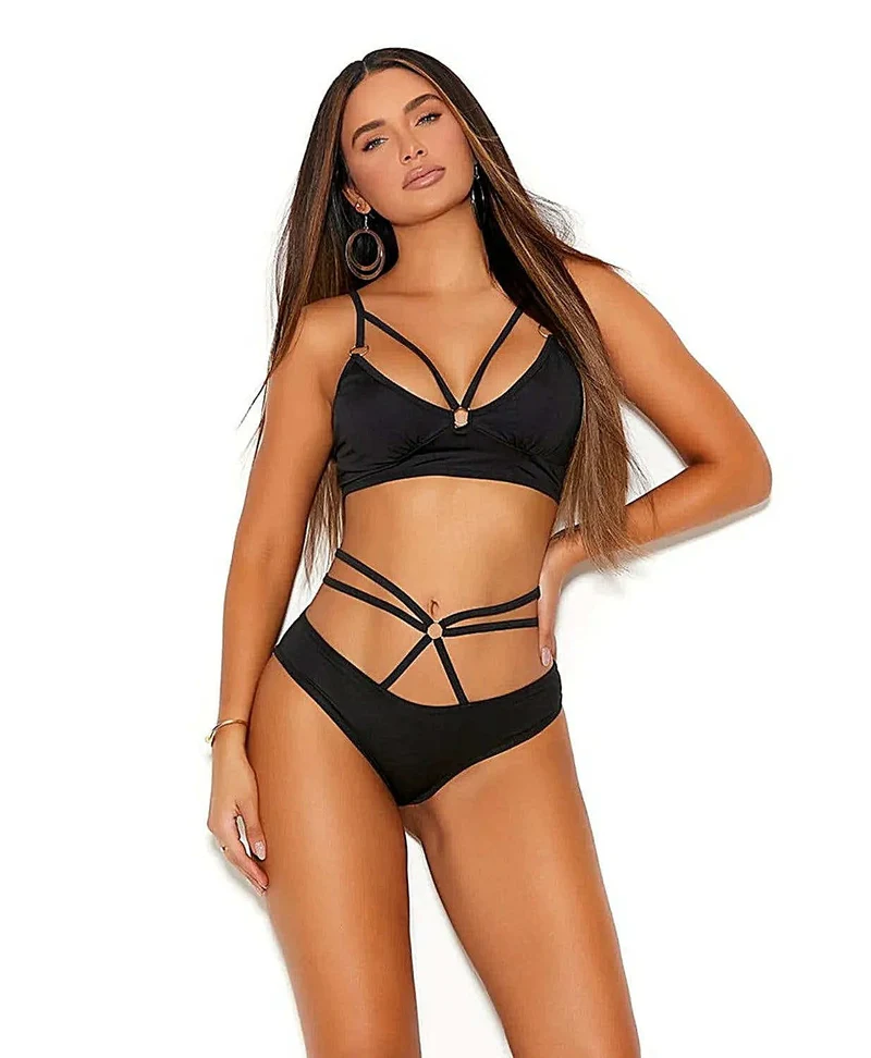 Elegant Moments Lycra bralette set met bandjes aan de voorkant en bijpassende booty shorts