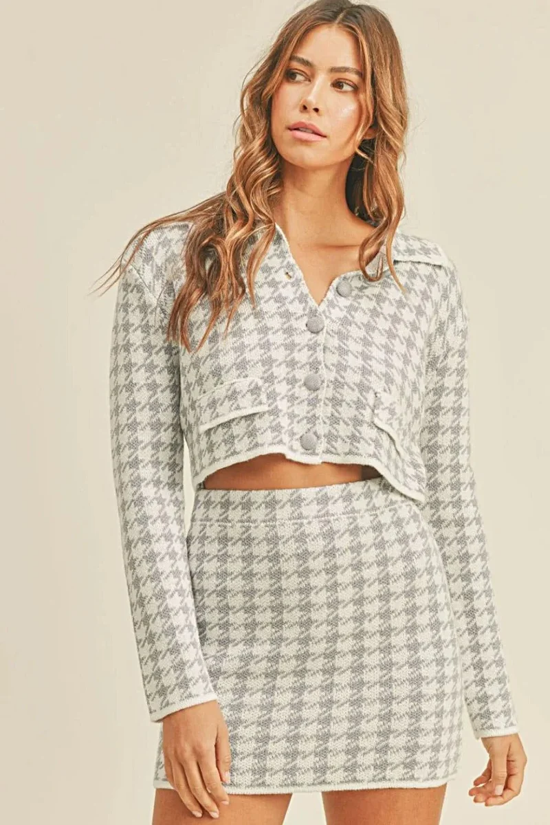 Chique pied-de-poule minirok set met cropped vestje en knoopdetails