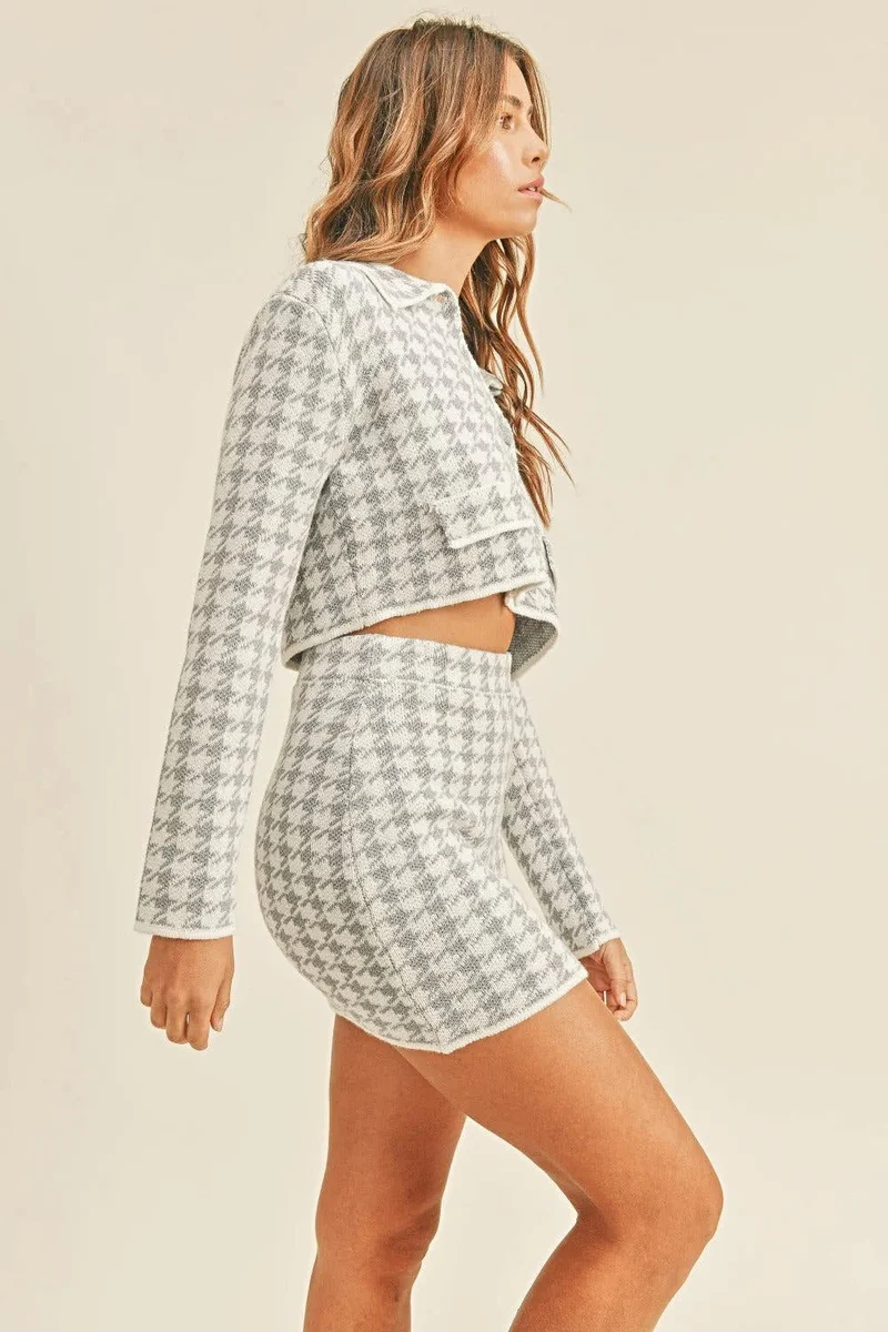 Chique pied-de-poule minirok set met cropped vestje en knoopdetails