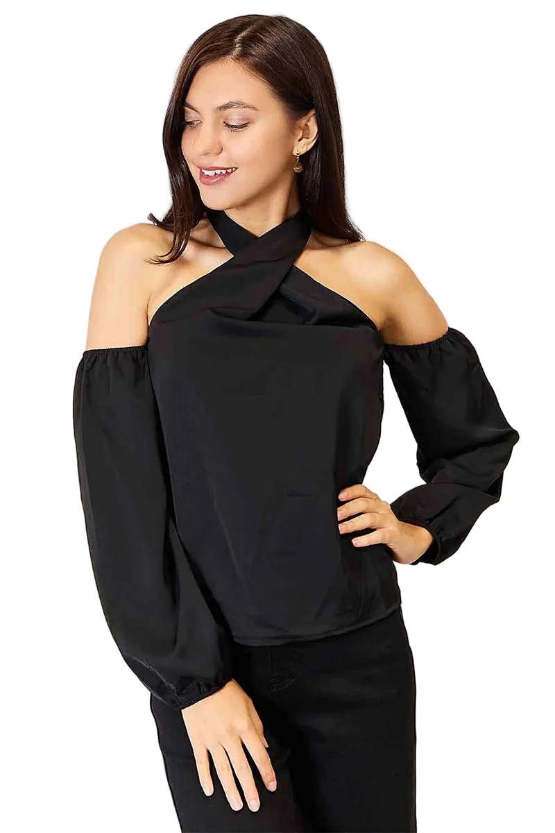 Griekse blouse met open schouders - Elegant ontwerp met lange mouwen, vrouwelijke draperie en klassieke stijl