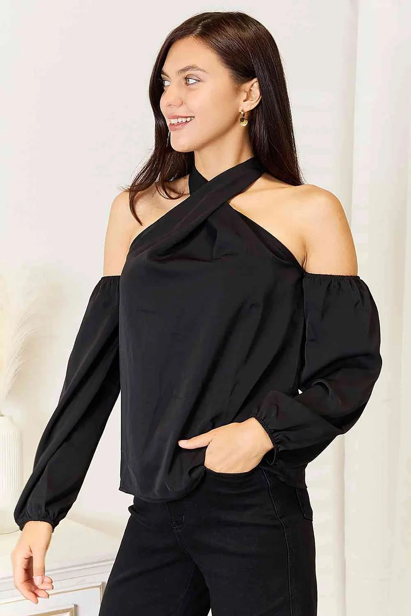 Griekse blouse met open schouders - Elegant ontwerp met lange mouwen, vrouwelijke draperie en klassieke stijl