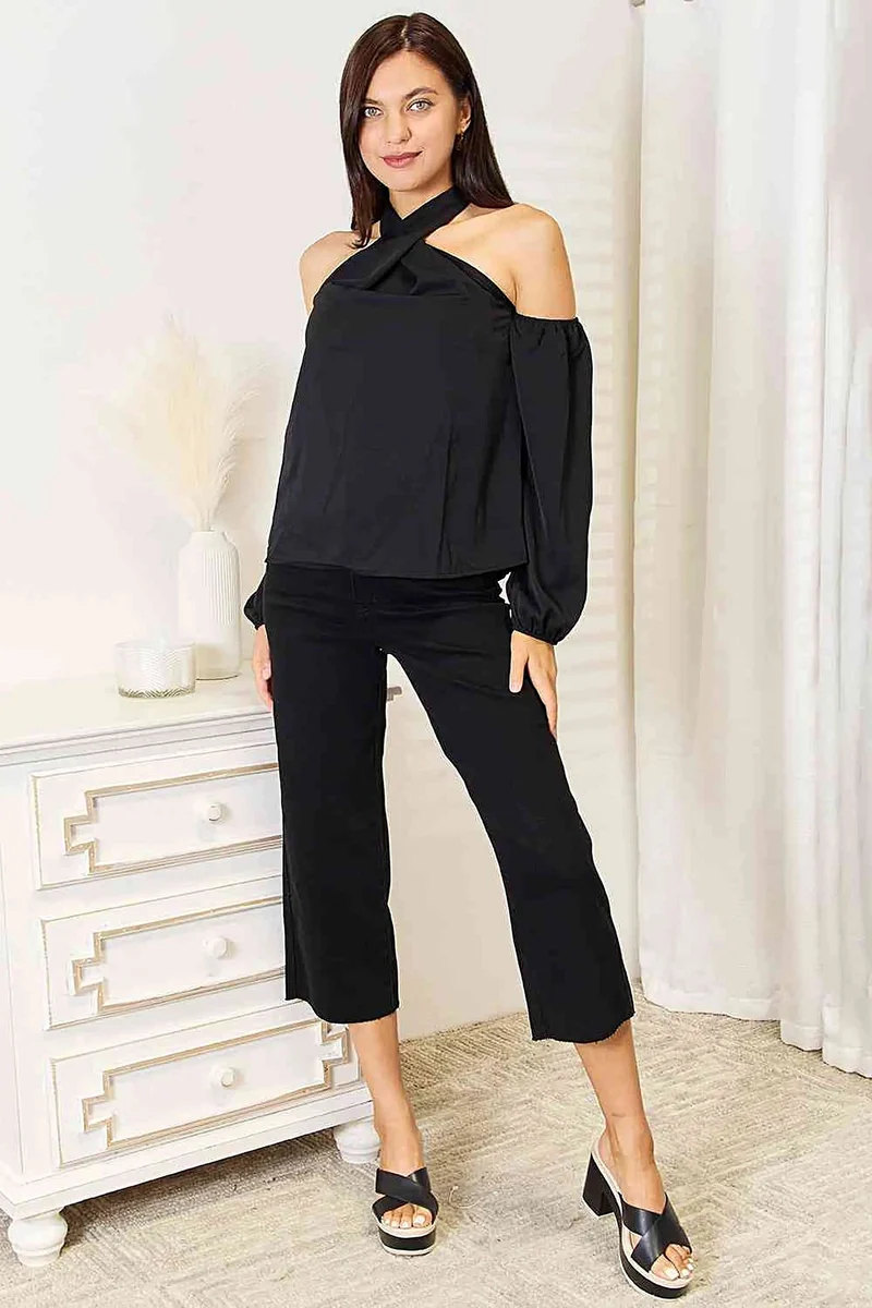 Griekse blouse met open schouders - Elegant ontwerp met lange mouwen, vrouwelijke draperie en klassieke stijl