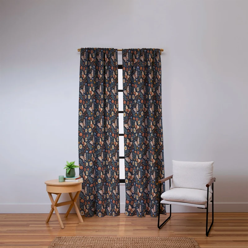 Boho Butterfly Botanical Dark Floral Pattern Window Curtain