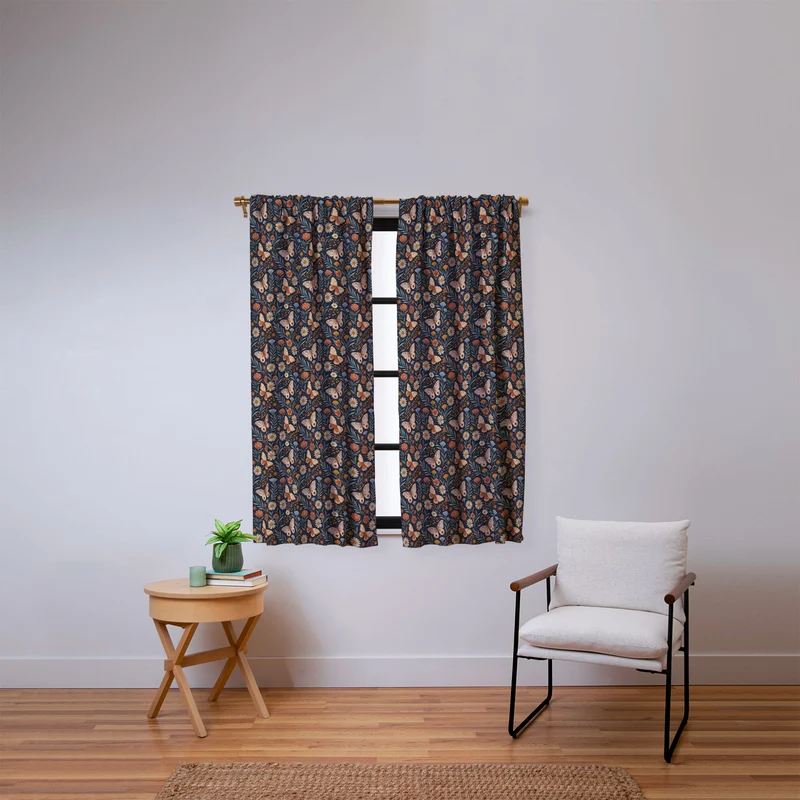 Boho Butterfly Botanical Dark Floral Pattern Window Curtain