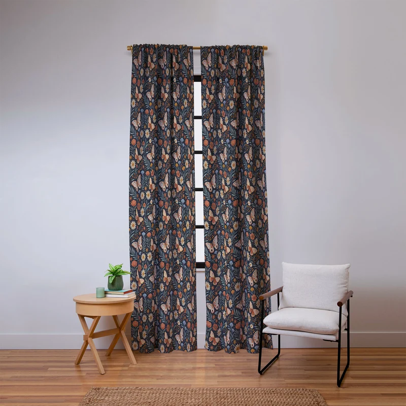 Boho Butterfly Botanical Dark Floral Pattern Window Curtain