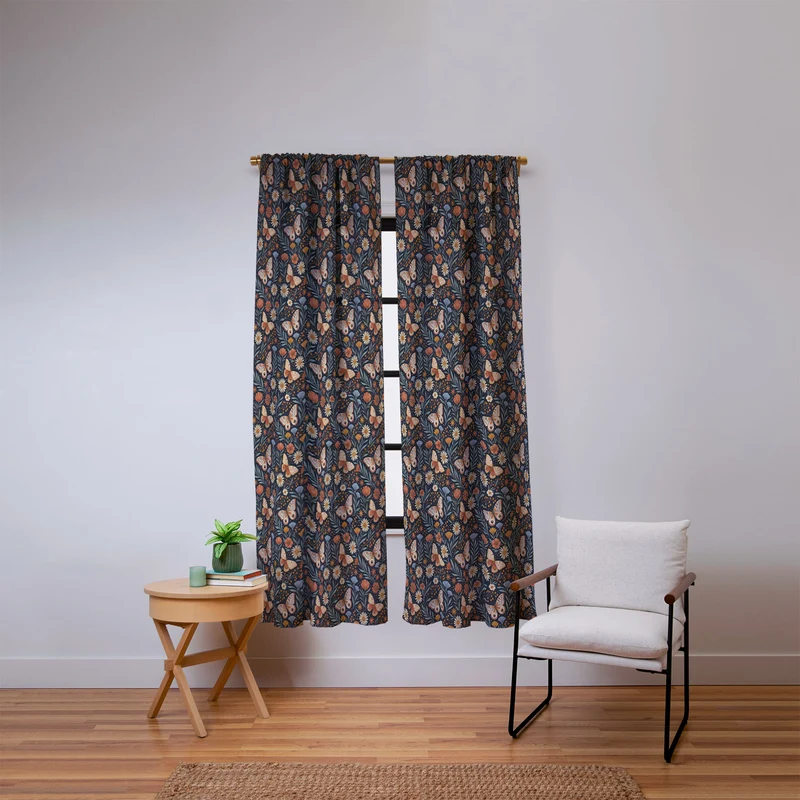 Boho Butterfly Botanical Dark Floral Pattern Window Curtain