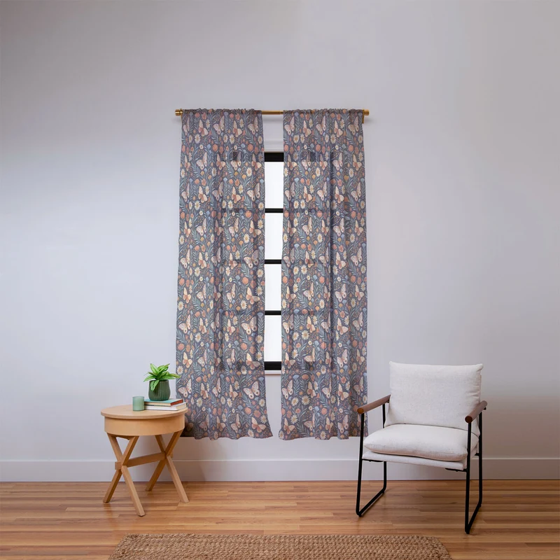 Boho Butterfly Botanical Dark Floral Pattern Window Curtain