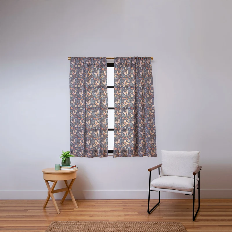Boho Butterfly Botanical Dark Floral Pattern Window Curtain