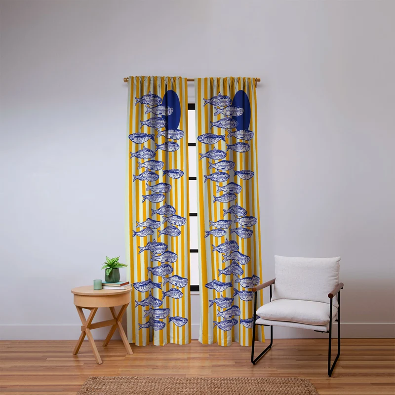 Bright Yellow Stripes and Sardines Sunset Coastal Illustration Window Curtain