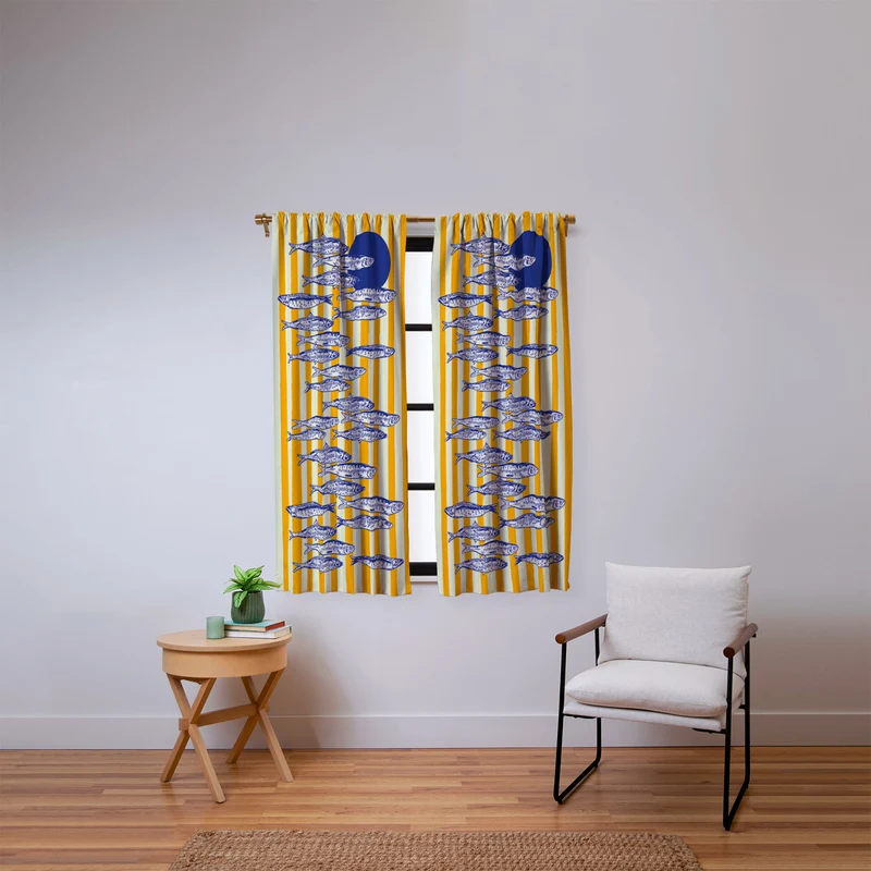 Bright Yellow Stripes and Sardines Sunset Coastal Illustration Window Curtain