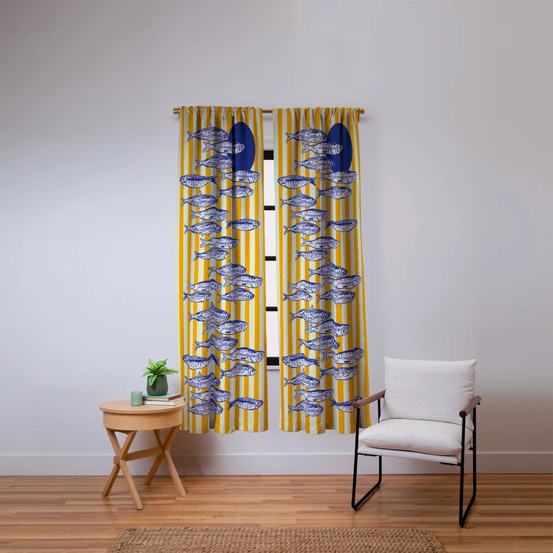 Bright Yellow Stripes and Sardines Sunset Coastal Illustration Window Curtain