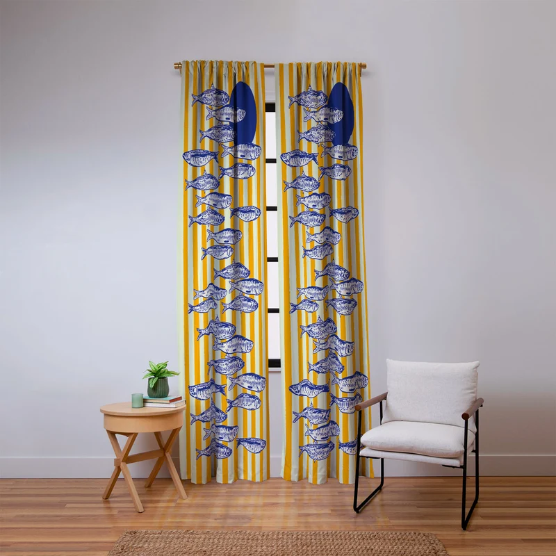 Bright Yellow Stripes and Sardines Sunset Coastal Illustration Window Curtain