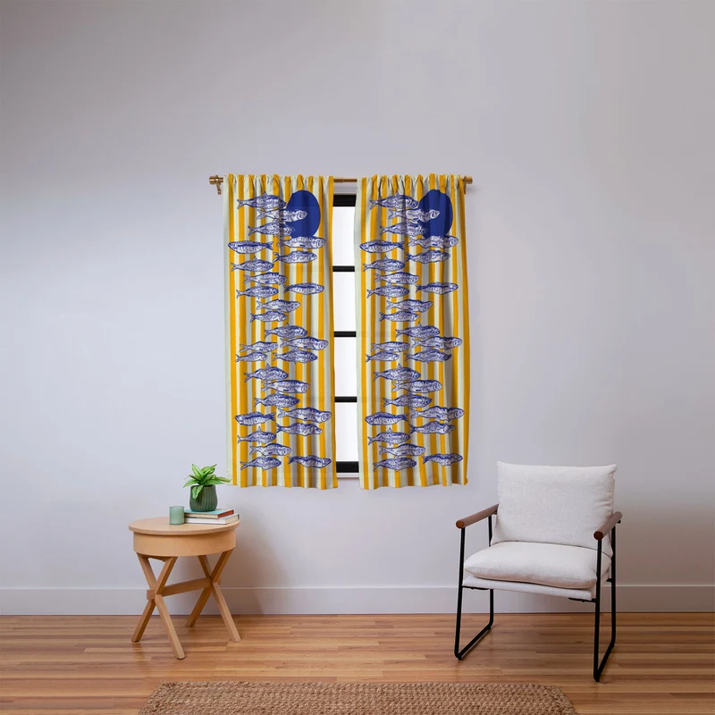 Bright Yellow Stripes and Sardines Sunset Coastal Illustration Window Curtain