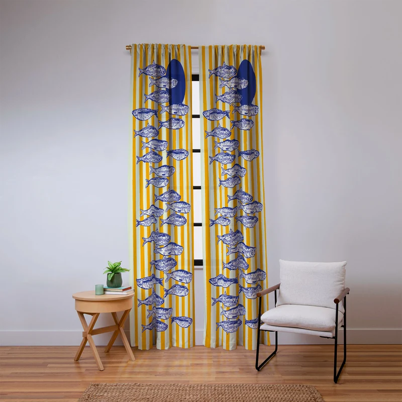 Bright Yellow Stripes and Sardines Sunset Coastal Illustration Window Curtain