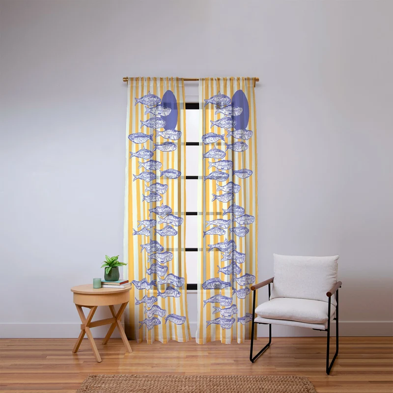 Bright Yellow Stripes and Sardines Sunset Coastal Illustration Window Curtain