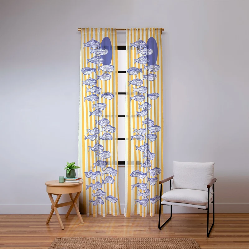 Bright Yellow Stripes and Sardines Sunset Coastal Illustration Window Curtain