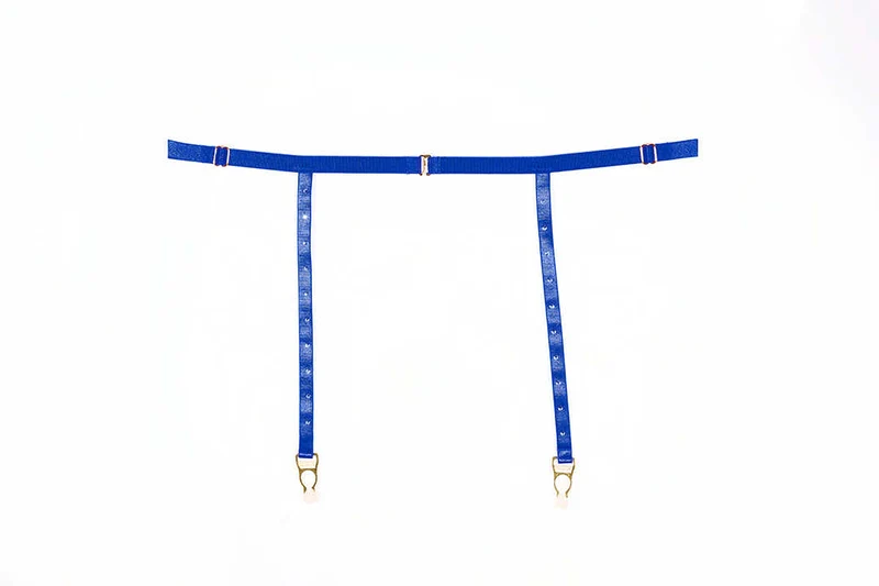 Luxe blauwe kousenband-slipset met strass-bandjes - Ashley van Allure Lingerie