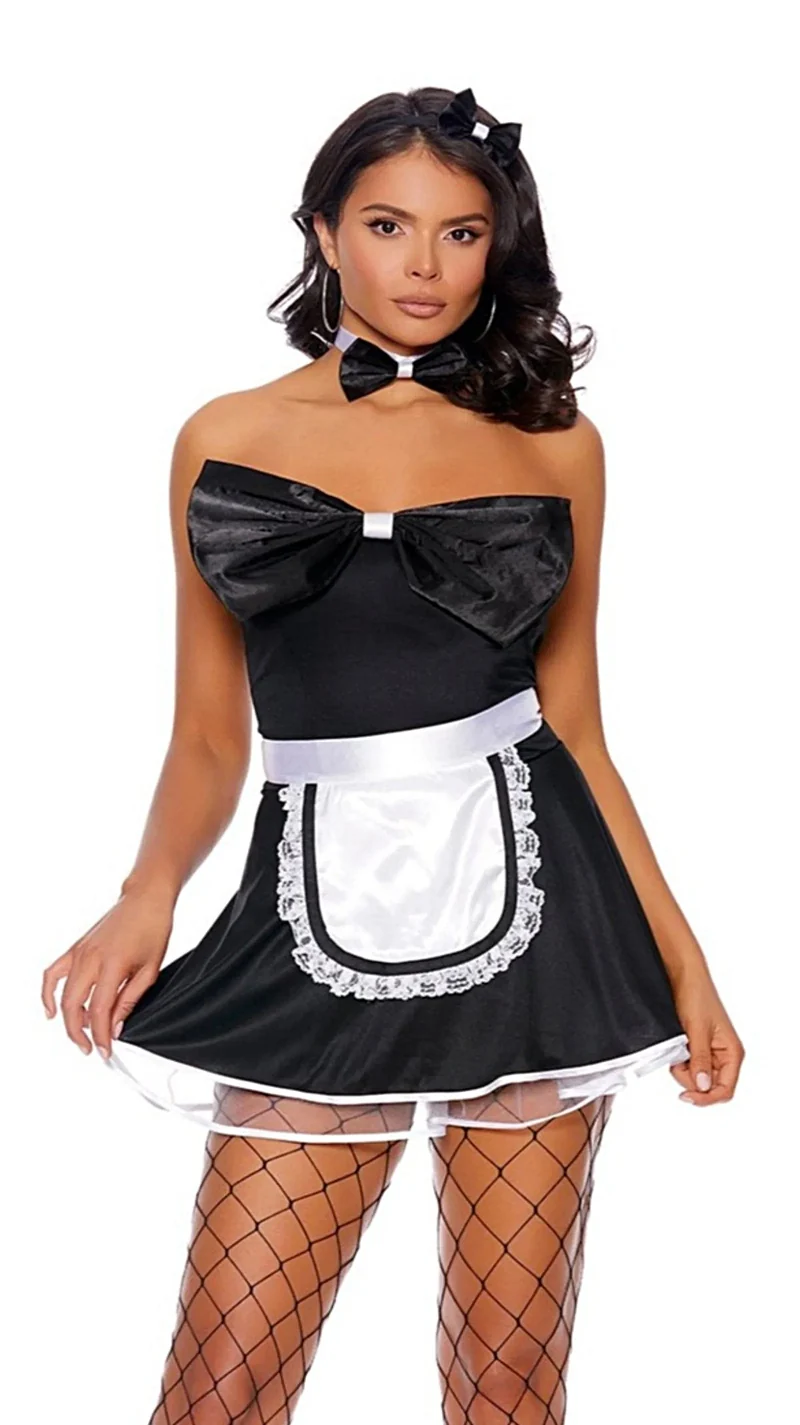 Stoute dienstmeid kostuum - Elegante 4-delige set met strapless minijurk, schort en hoofddeksel