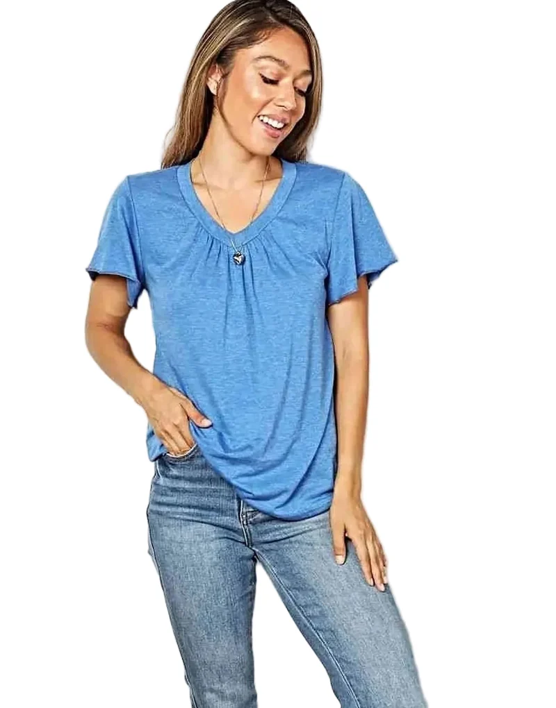 Stijlvol T-shirt met V-hals en ruchesmouwen - Chique basic voor elke dag