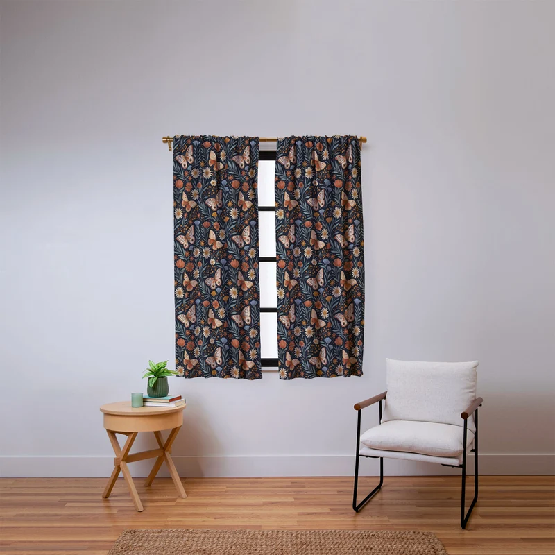 Boho Butterfly Botanical Dark Floral Pattern Window Curtain