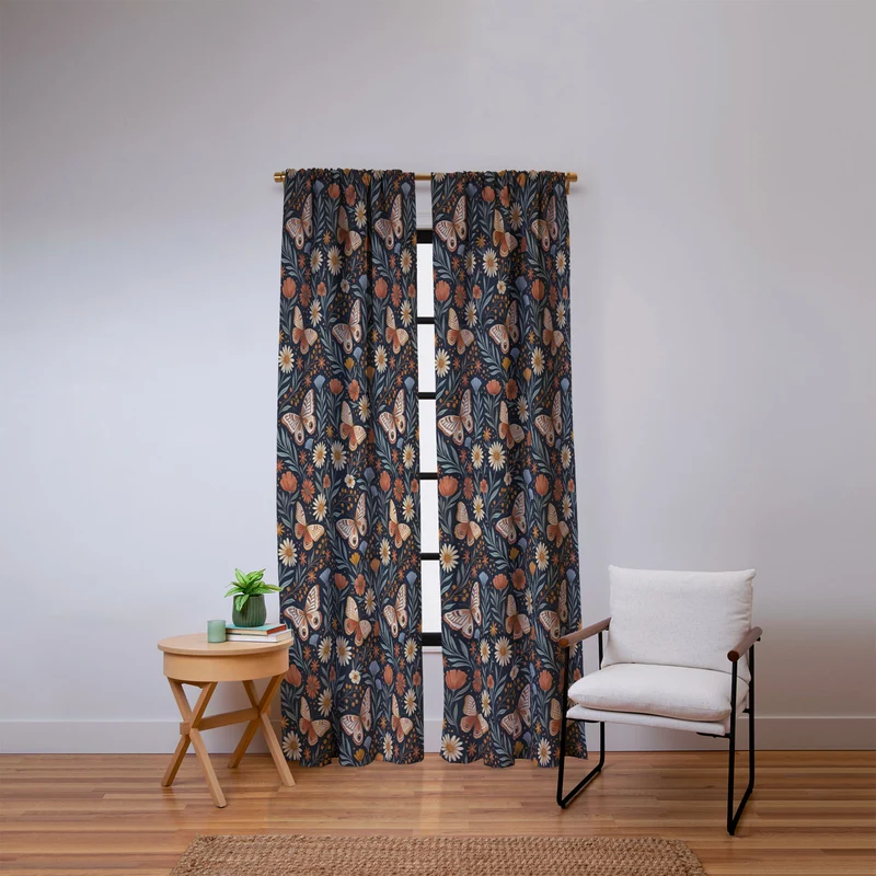 Boho Butterfly Botanical Dark Floral Pattern Window Curtain