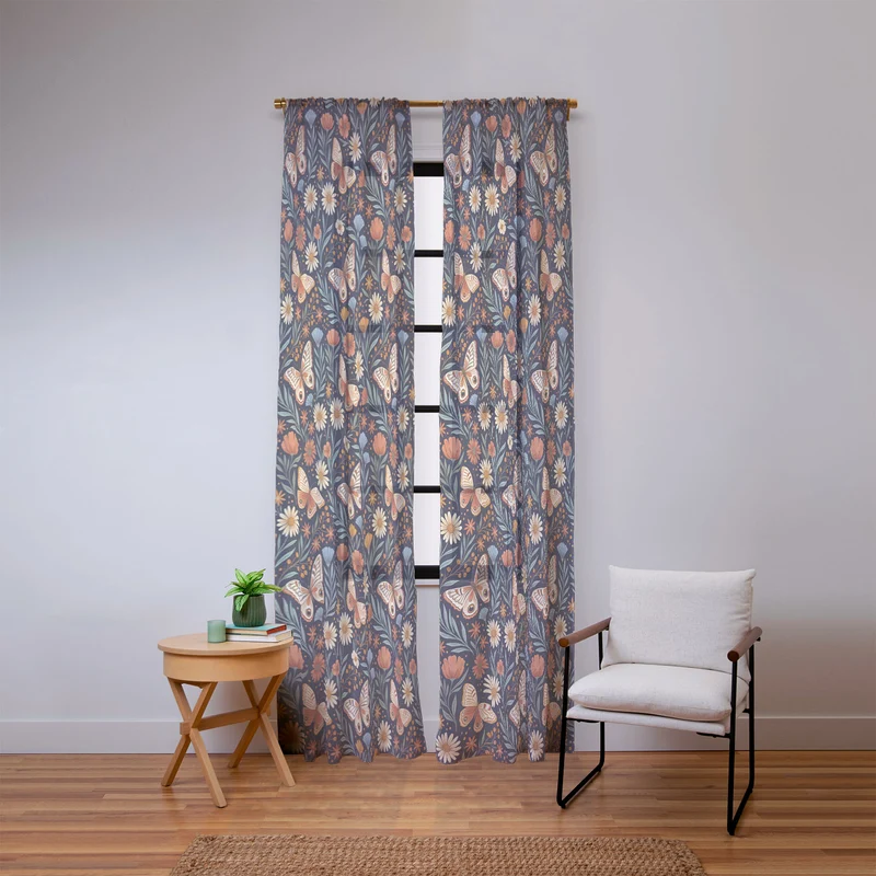 Boho Butterfly Botanical Dark Floral Pattern Window Curtain