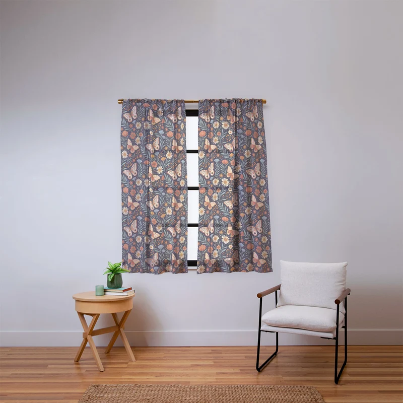 Boho Butterfly Botanical Dark Floral Pattern Window Curtain
