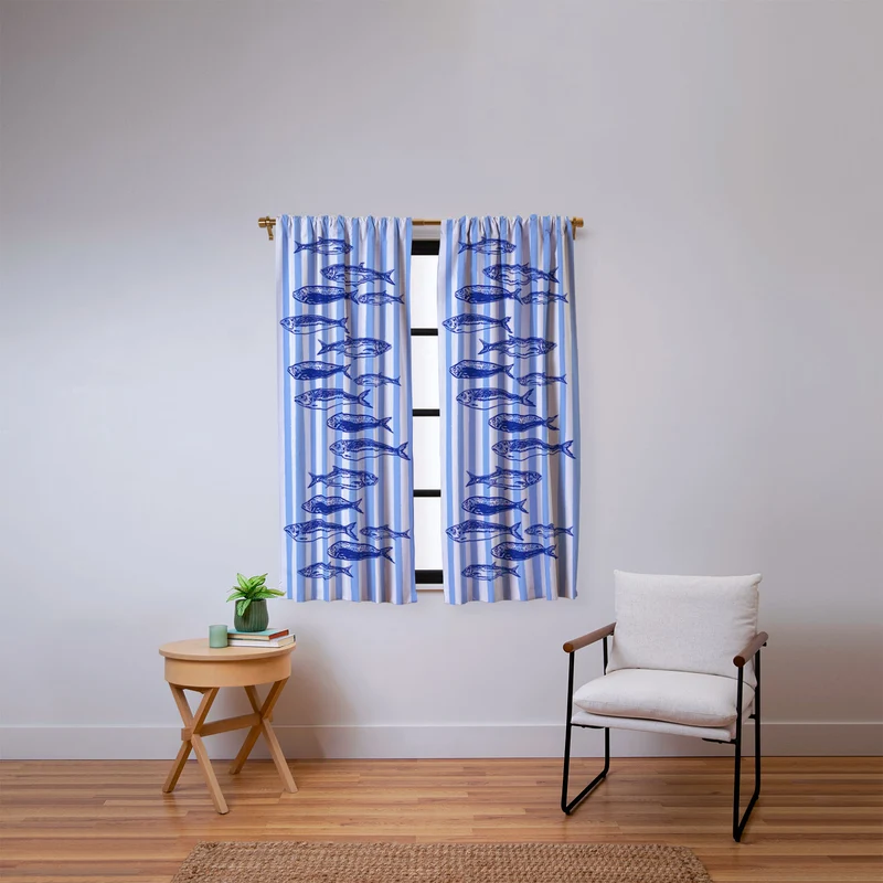 Coastal Blue Stripes Sardines Aesthetic Window Curtain