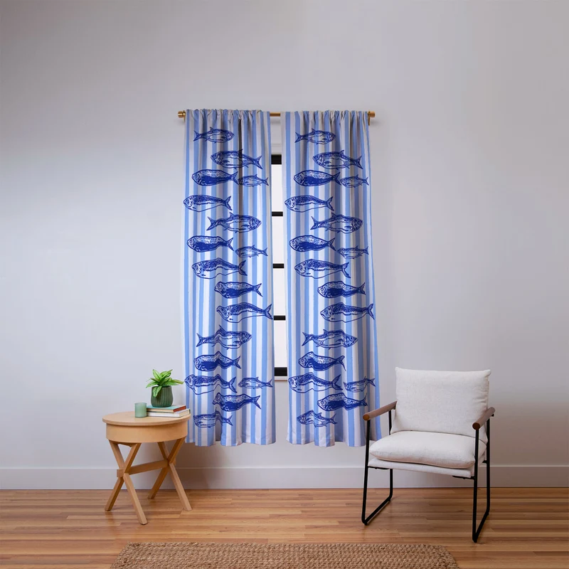 Coastal Blue Stripes Sardines Aesthetic Window Curtain