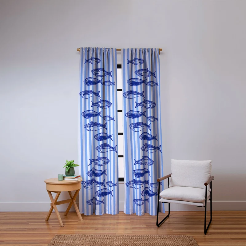 Coastal Blue Stripes Sardines Aesthetic Window Curtain