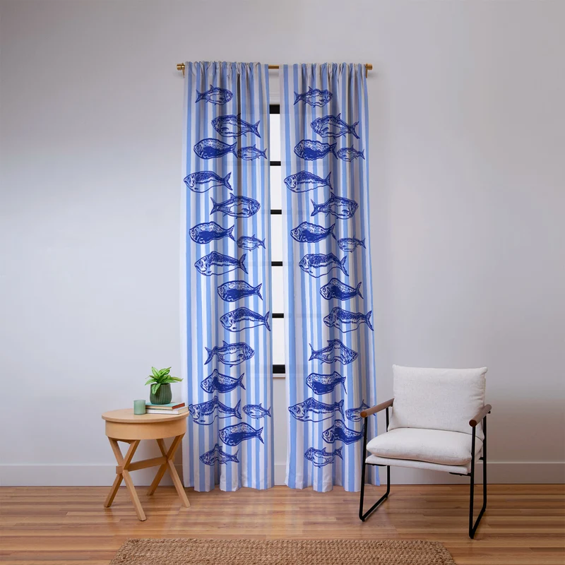 Coastal Blue Stripes Sardines Aesthetic Window Curtain