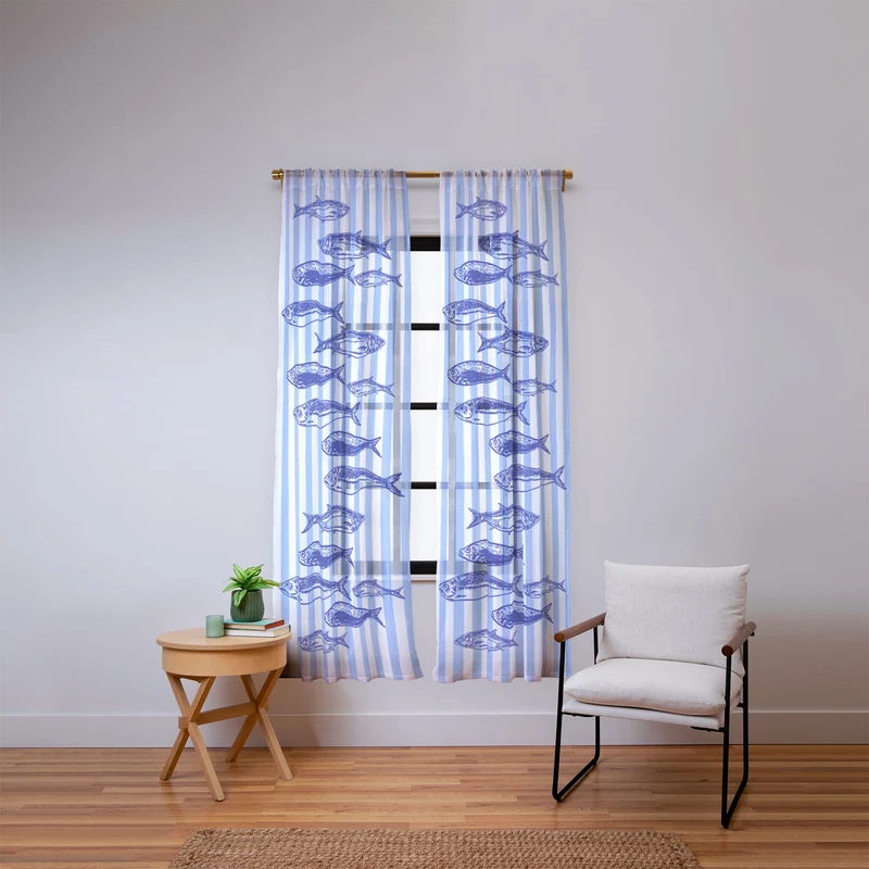 Coastal Blue Stripes Sardines Aesthetic Window Curtain