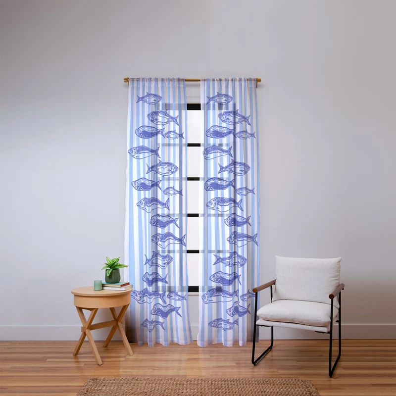 Coastal Blue Stripes Sardines Aesthetic Window Curtain