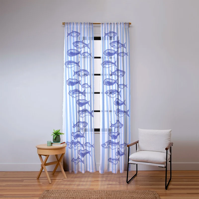 Coastal Blue Stripes Sardines Aesthetic Window Curtain