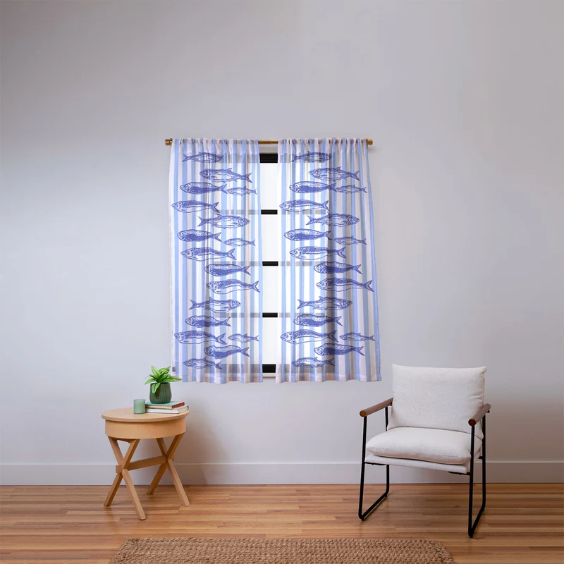 Coastal Blue Stripes Sardines Aesthetic Window Curtain