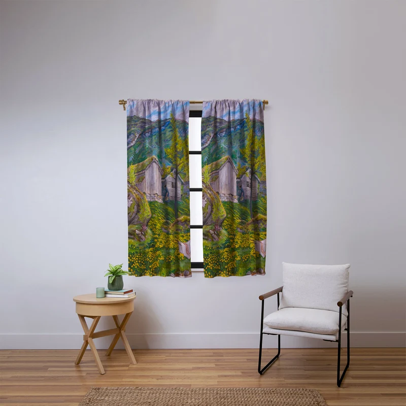 Yellow buttercup blossoms Spring Mood by Old Cotters Farm alpine landscape by Nikolai Astrup Window Curtain