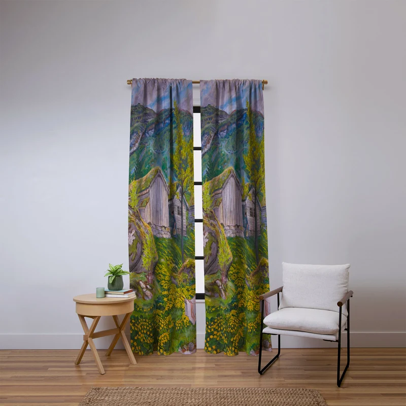 Yellow buttercup blossoms Spring Mood by Old Cotters Farm alpine landscape by Nikolai Astrup Window Curtain