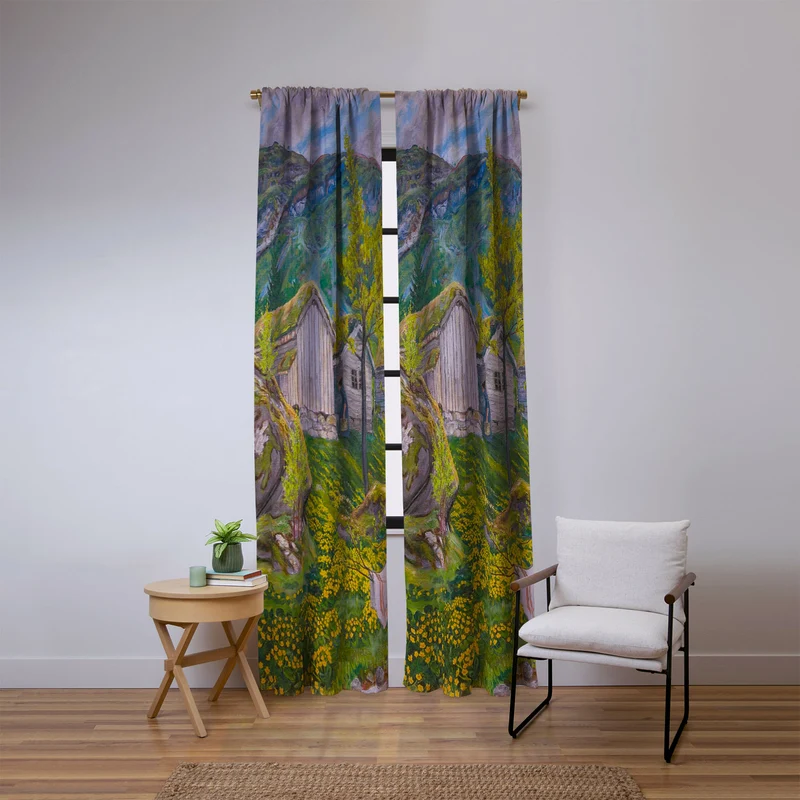 Yellow buttercup blossoms Spring Mood by Old Cotters Farm alpine landscape by Nikolai Astrup Window Curtain