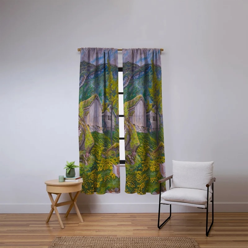 Yellow buttercup blossoms Spring Mood by Old Cotters Farm alpine landscape by Nikolai Astrup Window Curtain