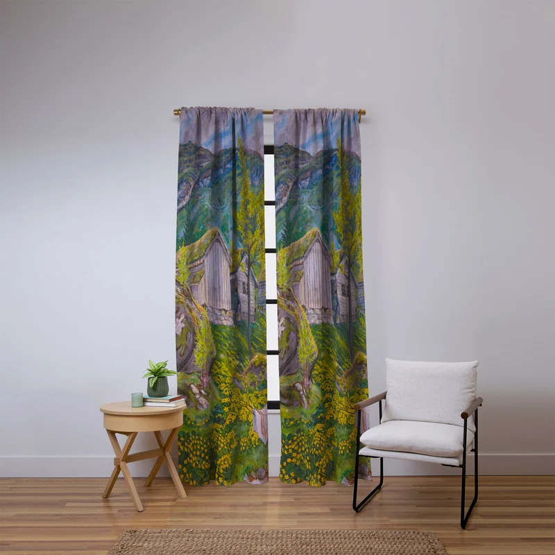 Yellow buttercup blossoms Spring Mood by Old Cotters Farm alpine landscape by Nikolai Astrup Window Curtain